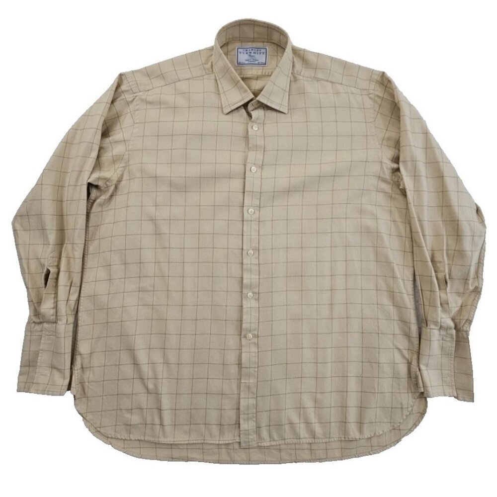 Charles Tyrwhitt French Cuff Shirt Men's 18/37 Tan Windowpane Classic‎ Fit EUC